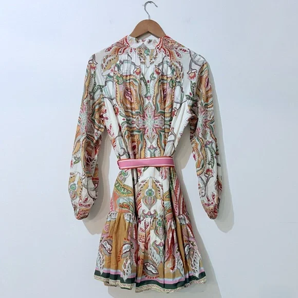 ANTONIO MELANI Brynn Ruffle Hem Floral Print Pintuck Dress Pink Belt 6 - Picture 9 of 10